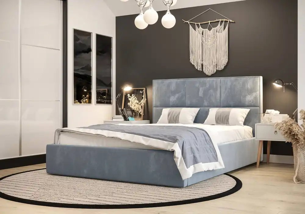 Rabatt Polsterbett Hestia 140x200 mit Stauraum Hellblau moderner skandinavischer Stil mit bequemem Kopfteil