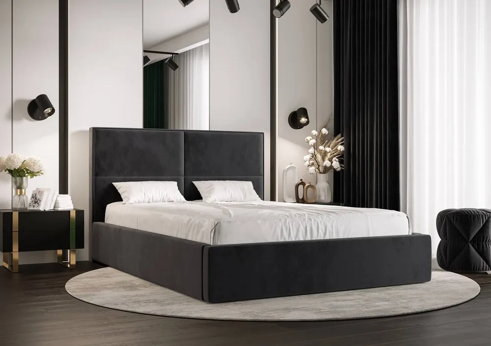 Polsterbett Afrodyta 140x200 mit Stauraum Graphit moderner skandinavischer Stil mit bequemem Kopfteil Mega-Angebot
