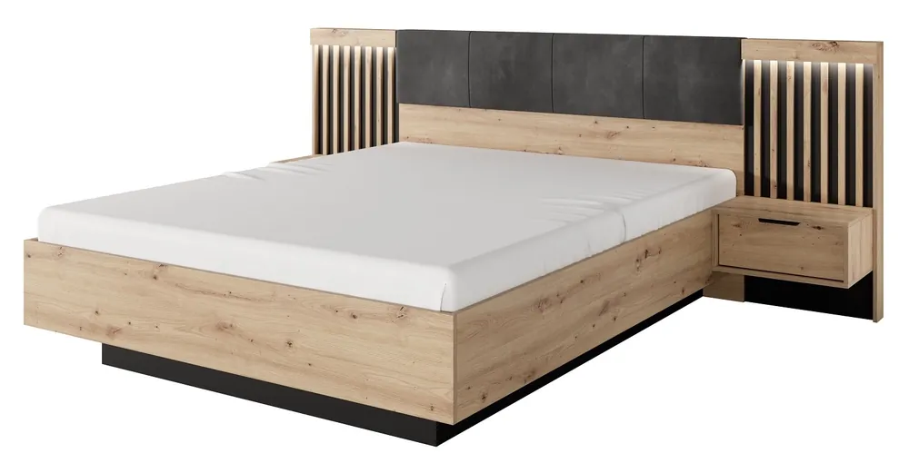 Tipler Bett 160x200 cm mit Bettzeug und Nachttischen Eiche artisan / anthrazit gepolstertes Kopfteil LED-Beleuchtung Günstig