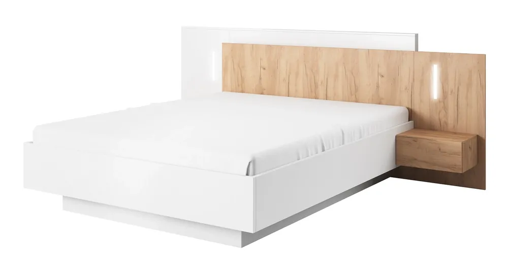 Space Bett 160x200 cm mit Bettzeug Container und Nachttische weiß / Eiche Handwerk goldenen Kopfteil mit LED-Beleuchtung bereichert Meistverkauft