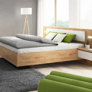 Jetzt Kaufen Novi Bett 160x200 cm mit Nachttischen Eiche Handwerk gold / weiß LED-Beleuchtung teilweise gepolstert Kopfteil