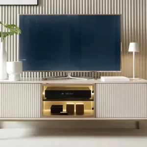 Super-Preis RTV Schrank Amma 154 cm beige elegante Form des Möbels in einem modernen Stil geschmackvoll geriffelte Front sicher gehärtetem Glas