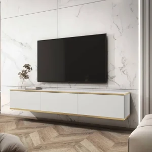 Kracherpreis TV-Lowboard Luxury 175 cm Weiß Minimalistisches Design Korpus verziert mit einer goldenen Leiste begeistert Liebhaber eleganter Arrangements