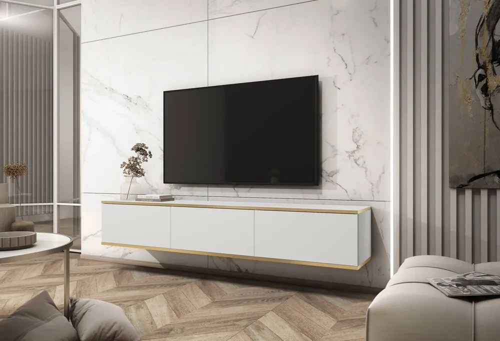 Kracherpreis TV-Lowboard Luxury 175 cm Weiß Minimalistisches Design Korpus verziert mit einer goldenen Leiste begeistert Liebhaber eleganter Arrangements