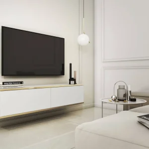 TV-Lowboard Luxury 135 cm Weiß Minimalistisches Design Korpus verziert mit einer goldenen Leiste begeistert Liebhaber eleganter Arrangements Solange Der Vorrat Reicht