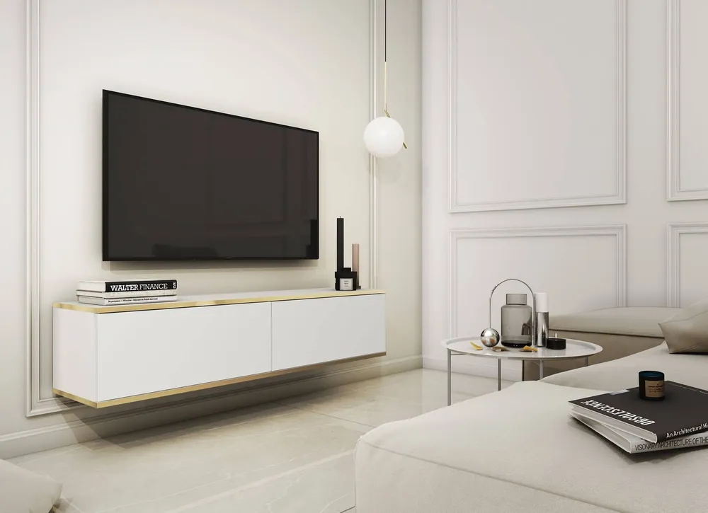 TV-Lowboard Luxury 135 cm Weiß Minimalistisches Design Korpus verziert mit einer goldenen Leiste begeistert Liebhaber eleganter Arrangements Solange Der Vorrat Reicht