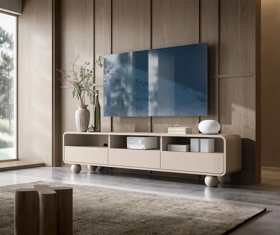 TV Schrank Bion 180 cm beige modernes Design abgerundete Linien TV-Schrank Designer kugelförmige Beine Begrenztes Angebot