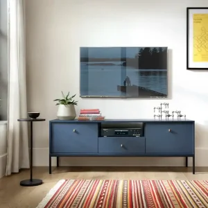 TV-Schrank Mono 154 cm Dunkelblau Minimalistisches Design schlichte Form mit metallischen Elementen stilvoller goldener Griff Günstig