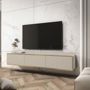 TV-Lowboard Luxury 175 cm Beige Stilvolle geriffelte Front Korpus verziert mit einer goldenen Leiste begeistert Liebhaber eleganter Arrangements Nur Heute