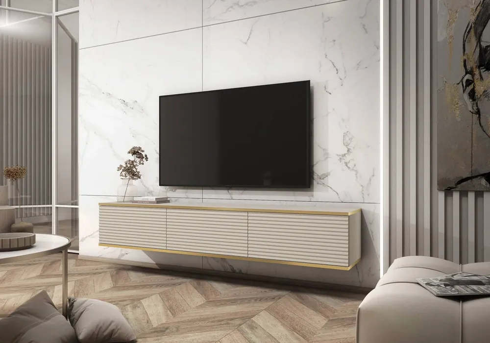 TV-Lowboard Luxury 175 cm Beige Stilvolle geriffelte Front Korpus verziert mit einer goldenen Leiste begeistert Liebhaber eleganter Arrangements Nur Heute