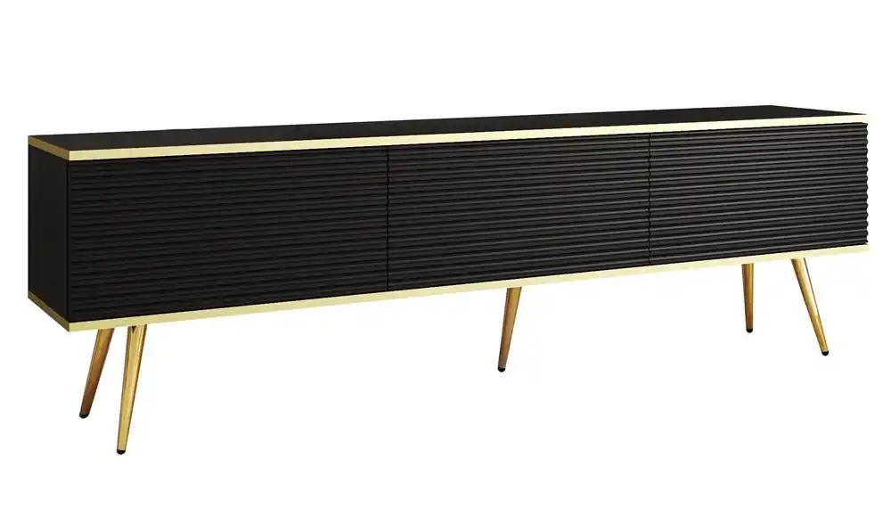 TV-Schrank Luxury 175 cm schwarz elegantes Design stilvolle geriffelte Front Korpus mit goldenen Zierleisten goldenen Metallbeinen gekrönt Ausverkauf