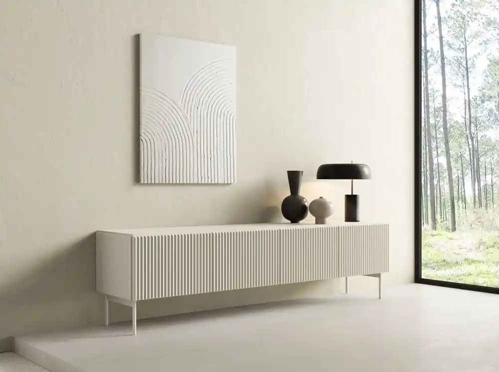 TV-Schrank Muti 195 cm beige Design TV-Schrank auf stabilem Metallsockel mit Zierrillen Sofort Bestellen
