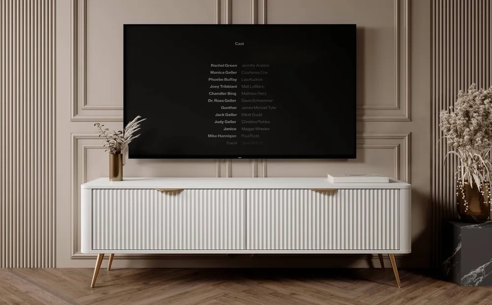 Neuheit RTV-Schrank Lante 163 cm weißer Designer-TV-Schrank im trendigen Stil abgerundete Kanten der massiven geschmackvollen geriffelten Front
