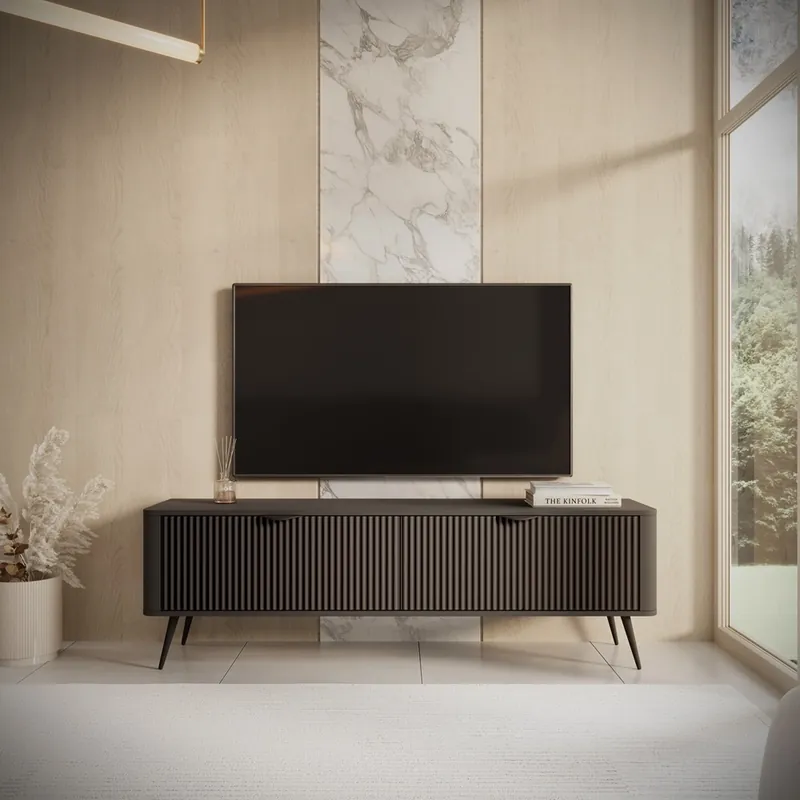 RTV-Schrank Lante 163 cm schwarzer Designer-TV-Schrank im modischen Stil abgerundete Kanten der massiven geschmackvollen geriffelten Front Expressversand