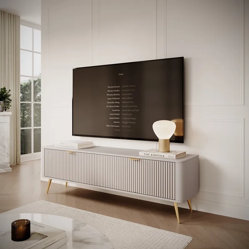 Top-Preis RTV-Schrank Lante 163 cm beige Designer-TV-Schrank im trendigen Stil abgerundete Kanten der massiven geschmackvollen geriffelten Front