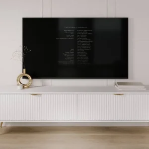 RTV Schrank Lante 200 cm weiß modernes Design Korpus auf hohen Beinen geriffelte Front charakteristische ovale Form Garantierte Lieferung