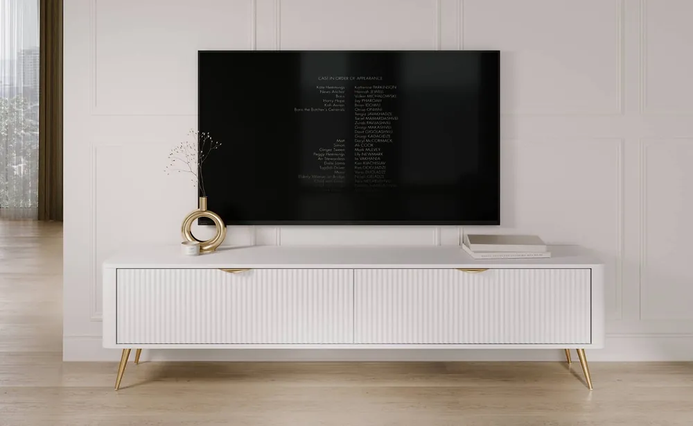RTV Schrank Lante 200 cm weiß modernes Design Korpus auf hohen Beinen geriffelte Front charakteristische ovale Form Garantierte Lieferung