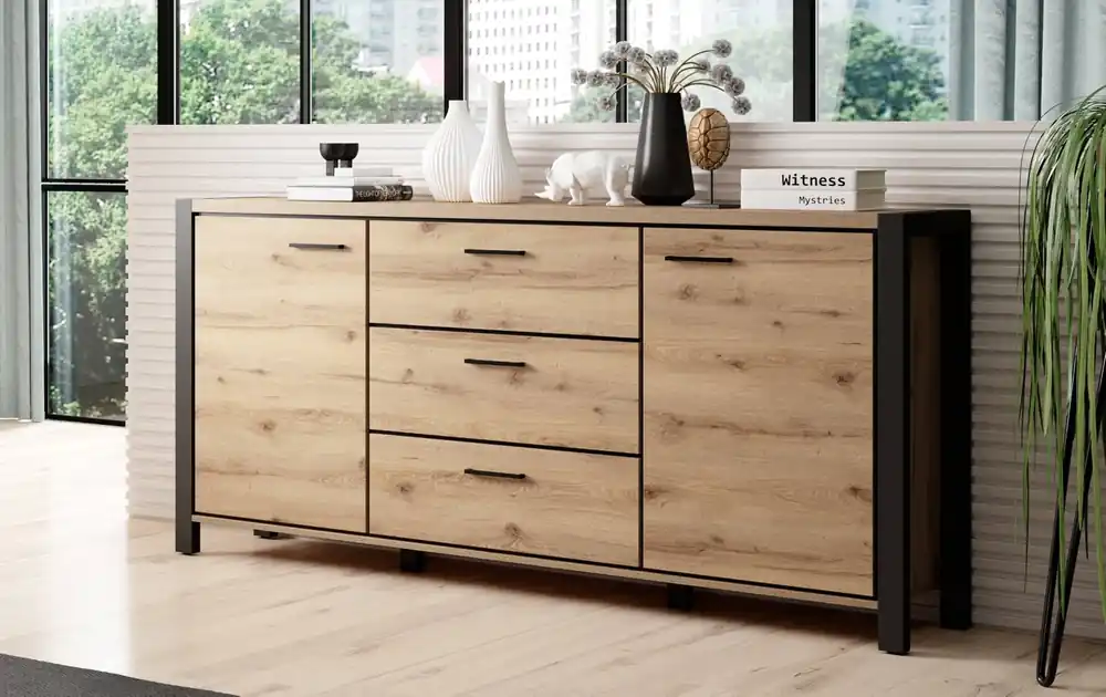 Kommode Aktiv 180 cm Eiche taurus/schwarz stylisches Design Kommode im Industriestil schwarze Metallgriffe Garantierte Lieferung