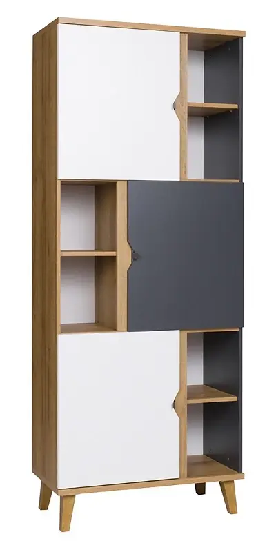 Bücherregal mit Türen Memone 80 cm goldene Eiche / weiß / graphit ideales Bücherregal für Jugend- oder Kinderzimmer im skandinavischen Stil Nur Heute