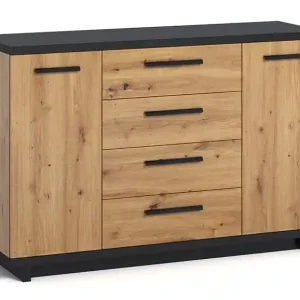 Sale Kommode Simi 135 cm Eiche artisan / schwarz minimalistisches Design klassische Form ideale Kommode für Wohnzimmer oder Wohnbereich