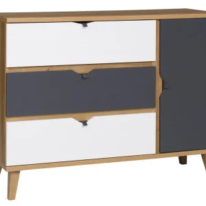 Heißes Angebot Kommode Memone 120 cm goldene Eiche / weiß / graphit ideale Kommode für ein Jugend- oder Kinderzimmer im skandinavischen Stil