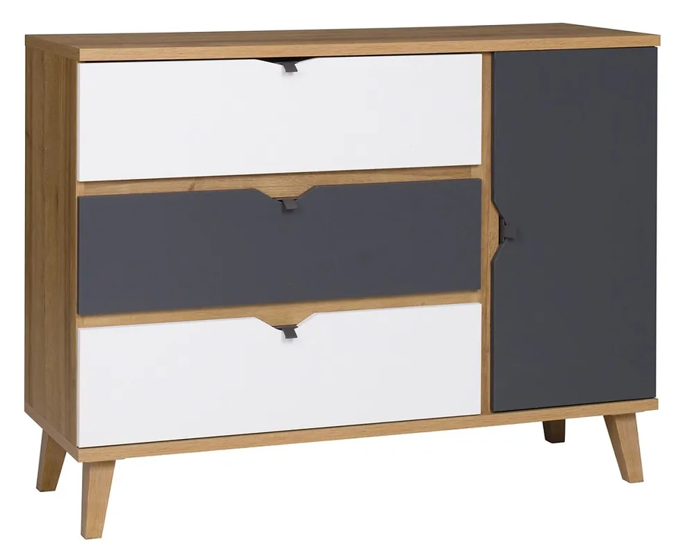 Heißes Angebot Kommode Memone 120 cm goldene Eiche / weiß / graphit ideale Kommode für ein Jugend- oder Kinderzimmer im skandinavischen Stil