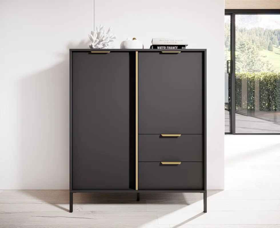 Goldene 103 cm hohe Kommode anthrazit modernes Design Goldrandgriff verleiht Eleganz ideale Kommode für modernes Interieur Geprüft