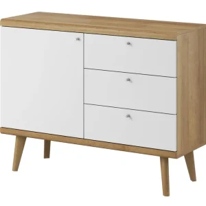 Angebot 107 cm Primo Kommode mit Schubladen Eiche riviera / weiß modernes Design im skandinavischen Stil Kommodenkante mit speziellem ABS-Furnier verarbeitet