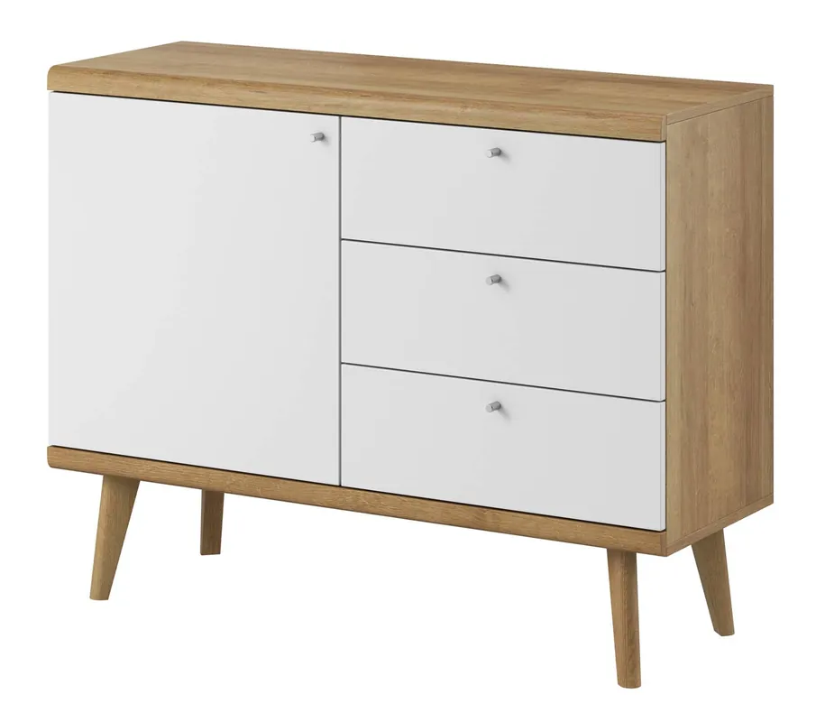 Angebot 107 cm Primo Kommode mit Schubladen Eiche riviera / weiß modernes Design im skandinavischen Stil Kommodenkante mit speziellem ABS-Furnier verarbeitet