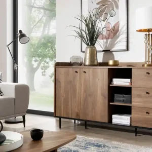 Kommode Apallo 150 cm Eiche Brandy Castello originelles Design hohe Kante der Tischplatte solide auf Metallbeine gesetzt Mega-Angebot