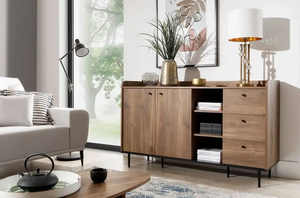 Kommode Apallo 150 cm Eiche Brandy Castello originelles Design hohe Kante der Tischplatte solide auf Metallbeine gesetzt Mega-Angebot