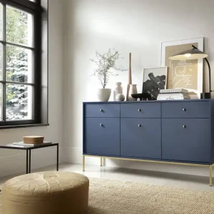 Sichere Zahlung Kommode mit Schubladen Mono 154 cm Dunkelblau Minimalistisches Design stilvoller Griff schlichte Form mit metallischen goldenen Elementen