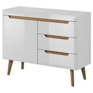 107 cm Atka 107 cm Kommode mit Schubladen weiß / weiß glänzend / Eiche riviera modernes Möbeldesign Kommodenrand mit speziellem ABS-Furnier bearbeitet Nur Für Kurze Zeit