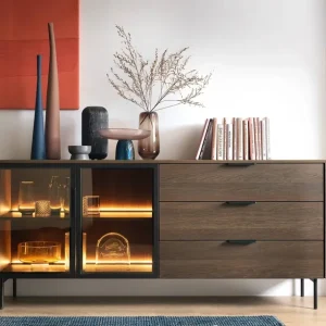 Top-Angebot Kommode mit Schubladen Lumi 181 cm Eiche dunin stilvolle Kommode mit Designer-Glasfronten Metallfuß und Kantengriffen