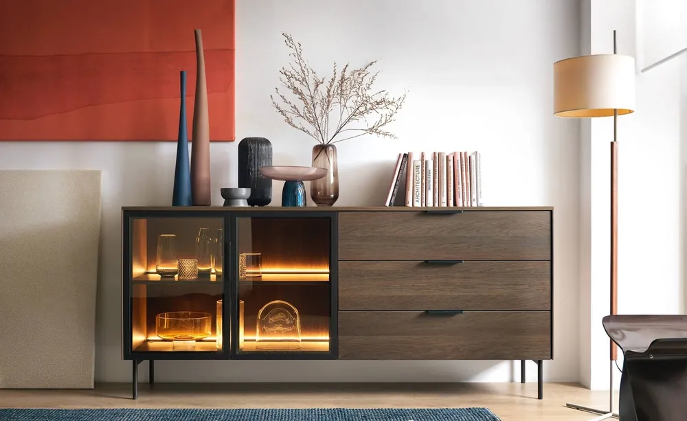 Top-Angebot Kommode mit Schubladen Lumi 181 cm Eiche dunin stilvolle Kommode mit Designer-Glasfronten Metallfuß und Kantengriffen