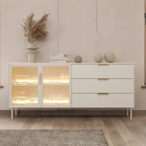 Kommode mit Schubladen Lumi 181 cm beige stilvolle Kommode mit Designer-Glasfronten Metallfuß und Kantengriffen Top-Angebot