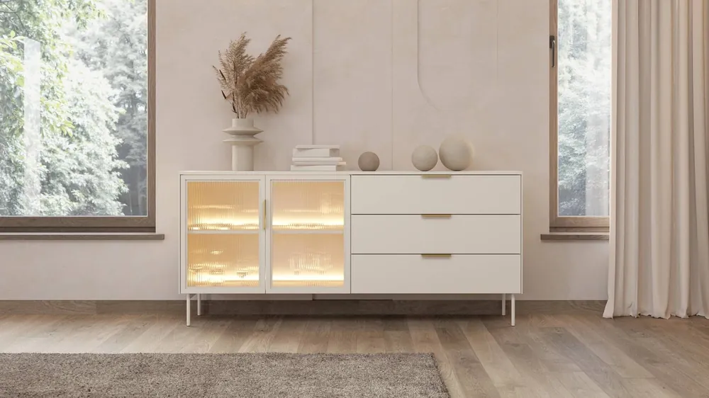 Kommode mit Schubladen Lumi 181 cm beige stilvolle Kommode mit Designer-Glasfronten Metallfuß und Kantengriffen Top-Angebot