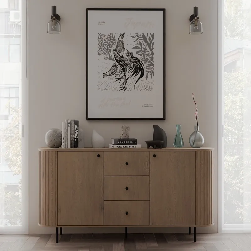 Kommode mit Schubladen Ovalio 165 cm Eiche cremona moderne Form ovale Kommode für das Wohnzimmer dekorative Fräsungen am Korpus Expressversand