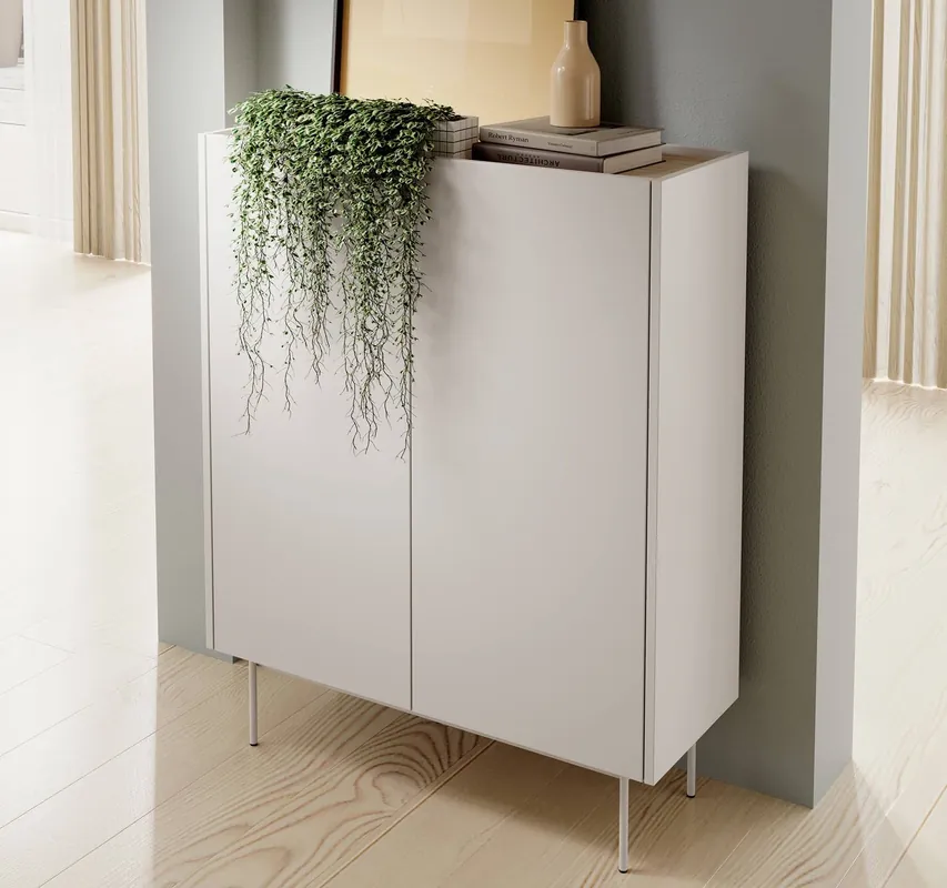 Rabatt Kommode Vellore 97 cm beige elegante Kommode mit abgesenkter Platte in Eiche Farbton Metallbeine grifflose Fronten