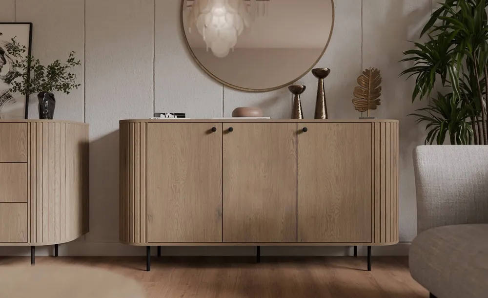 Preisreduziert Kommode Ovalio 165 cm Eiche cremona minimalistische Form gemacht Kommode für Wohnzimmer stilvolle ovale Form dekorative Fräsung auf den Körper