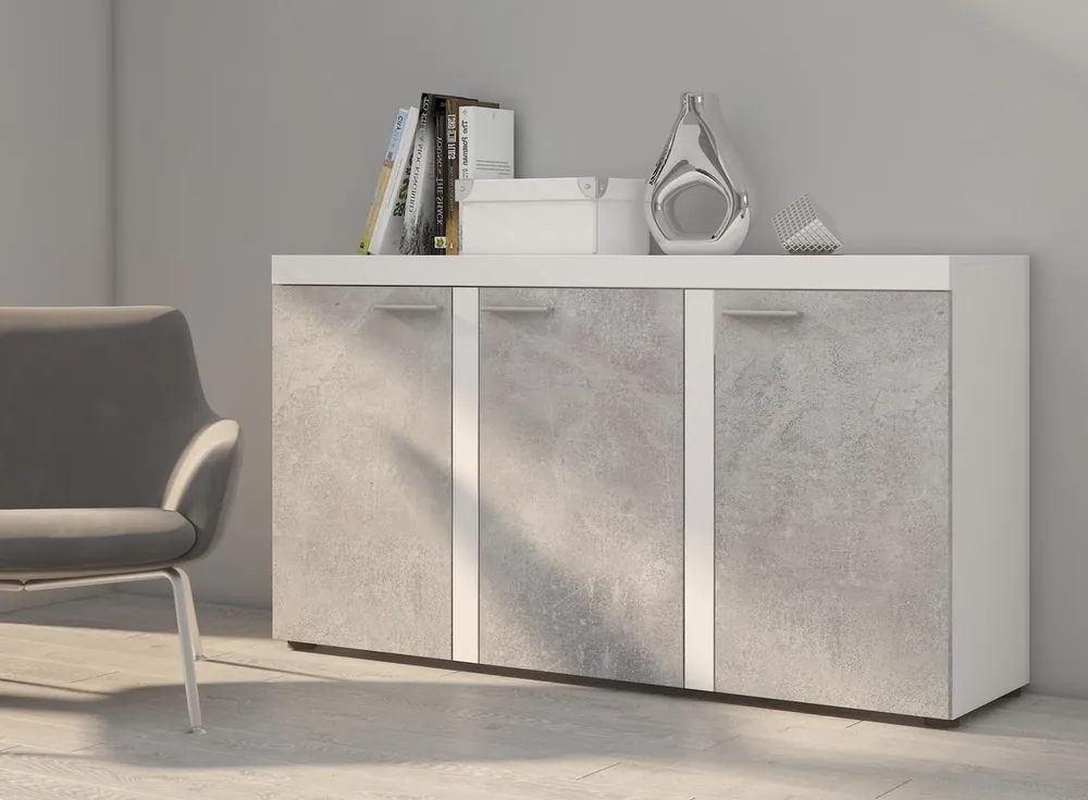 Ausverkauf Kommode Rene 149 cm weiß / heller Beton moderne Kommodenformen in einzigartigem Design Kantenbearbeitung mit Spezialfurnier