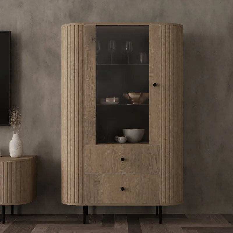 Vitrine Ovalio 97 cm Eiche cremona stilvolles Design sicheres gehärtetes Glas ovale Vitrine mit dekorativer Fräsung Abverkauf
