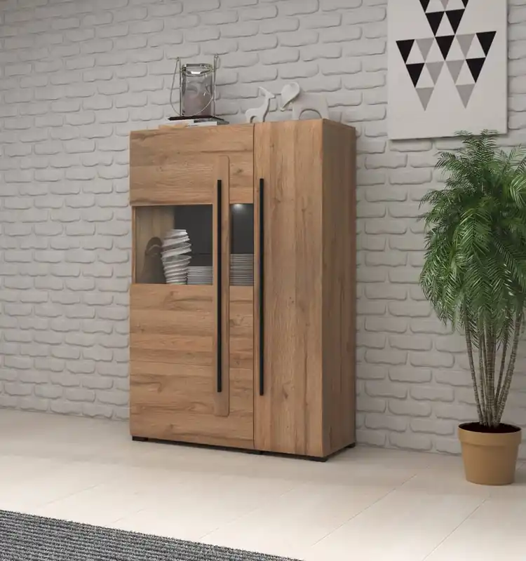 Super-Preis Tulsa 90 cm breite Vitrine Eiche Enkel unkonventionelle und praktische Lösung ideal für moderne und klassische Innenräume