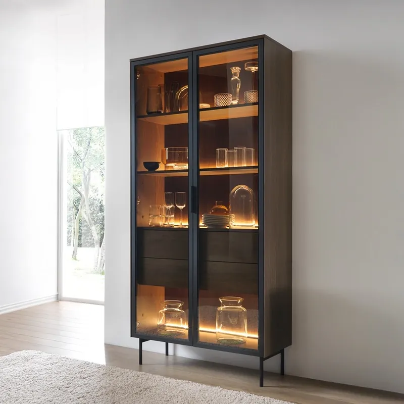 Sofort Bestellen Vitrine Lumi 92 cm Eiche dunin Design Vitrine Antisolglas Innenschubladen mit Push-to-Open-System LED-Beleuchtung