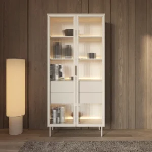 Neu Vitrine Lumi 92 cm beige Design Vitrine mit geriffelten Glas-Innenschubladen mit Push-to-Open-System LED-Beleuchtung