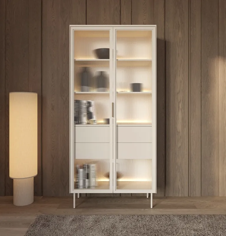 Neu Vitrine Lumi 92 cm beige Design Vitrine mit geriffelten Glas-Innenschubladen mit Push-to-Open-System LED-Beleuchtung