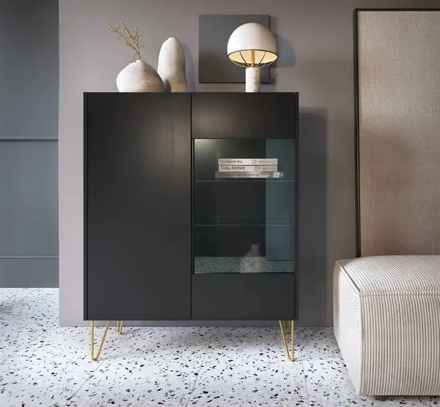 Zertifiziert Vitrine Madisonum 97 cm Schwarzer Graphit / Schwarzer Königs-Marmor Modernistisches Design Elemente aus gehärtetem Sicherheitsglas
