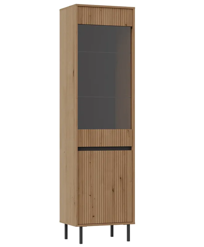 Top-Preis Schrank Osaka 56 cm Eiche evoke/schwarz eleganter Wohnzimmerschrank mit minimalistischem Design geschmackvolle geriffelte Front gehärtetes Glas