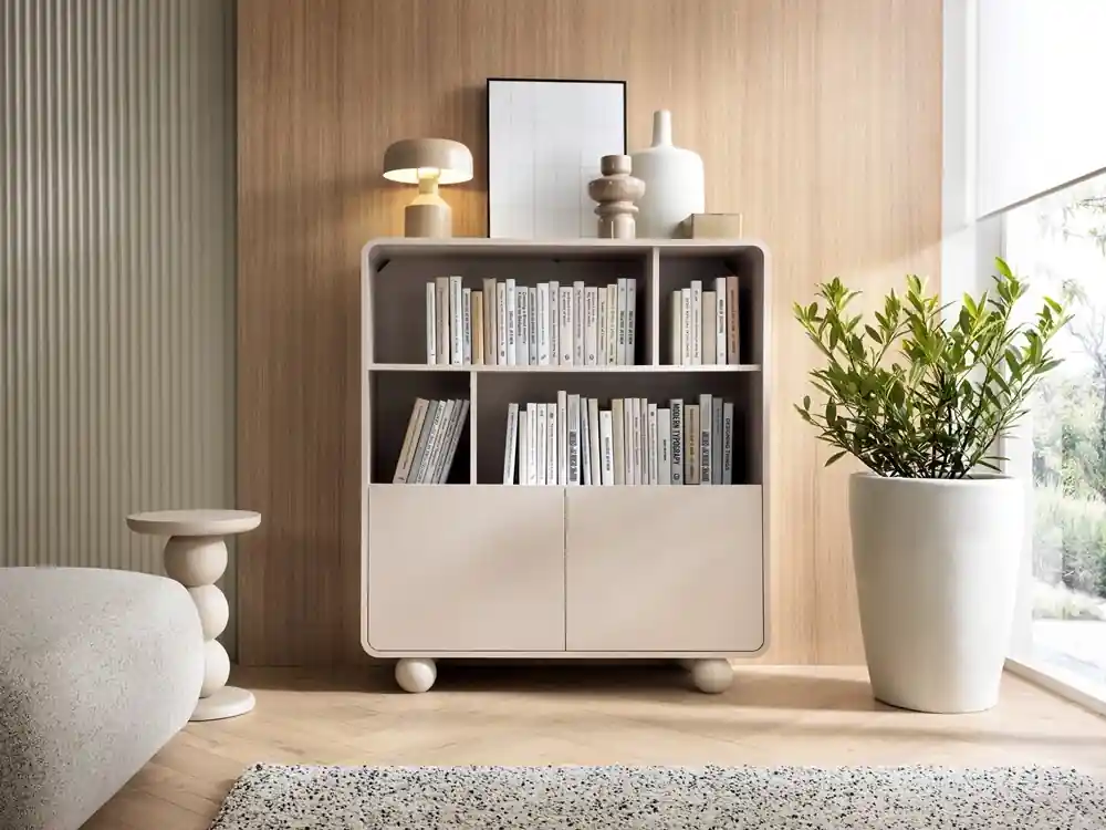 Bücherregal Bion 108 cm beige modernes Design gedeckte Farben Designer runde Form stilvolle kugelförmige Beine Neuheit
