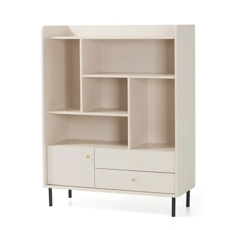Online Kaufen Bücherregal Ferdi 104 cm beige sand interessantes Design stilvolles Bücherregal mit Schubladen und abschließbarem Schrank hohe Oberkante